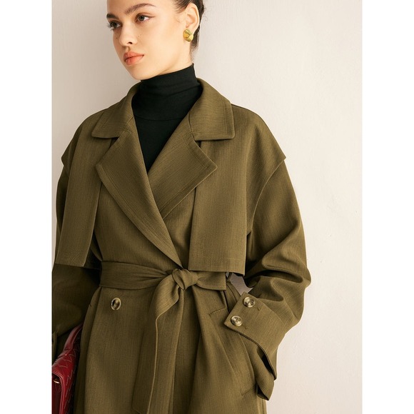 Commense Olive Green Trench Coat Longline Double Breasted Belted Classic Style - Picture 2 of 6